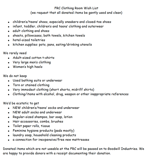 FRC Clothing Closet Wish List 